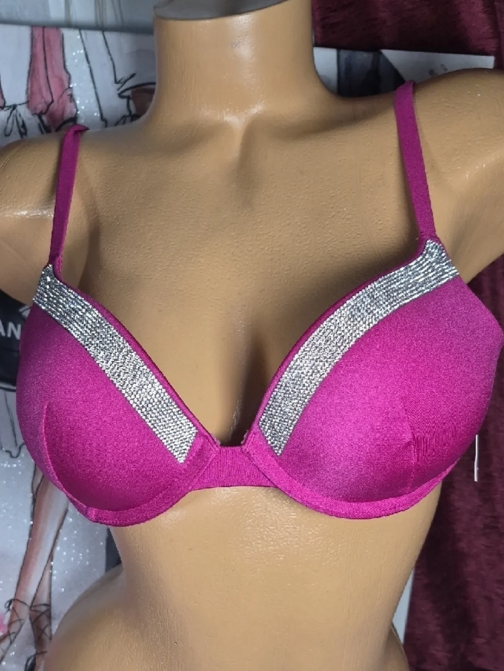 VICTORIA'S SECRET Plunge Push-Up swim Bra with Rhinestone Trim Fuchsia Pink 2207